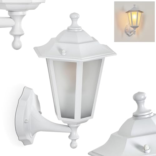 Außenwandleuchte Loria, Wandlampe aufwärts in antikem Look aus Metall/Glas in Weiß/Milchglas, Wandleuchte im Landhaus-Stil, Außenleuchte für Terrasse, E27, ohne Leuchtmittel, IP44 von HOFSTEIN