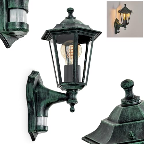 Außenwandleuchte Loria, Wandlampe mit Bewegungsmelder in antikem Look aus Metall/Glas in Schwarz-Grün/Klar, Wandleuchte im Landhaus-Stil, Außenleuchte für Terrasse, E27, ohne Leuchtmittel, IP44 von HOFSTEIN