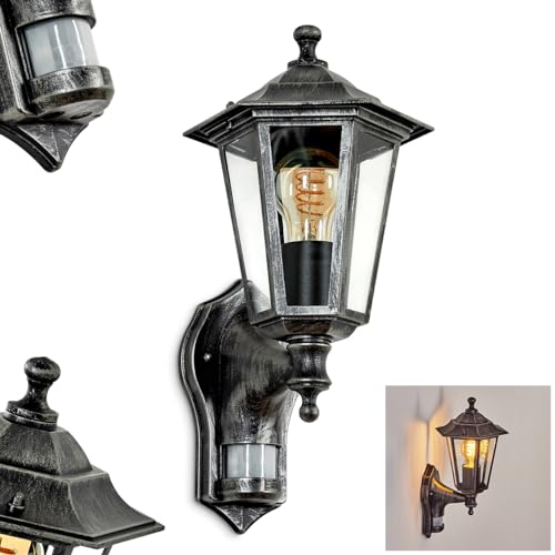 Außenwandleuchte Loria, Wandlampe mit Bewegungsmelder in antikem Look aus Metall/Glas in Schwarz-Silber/Klar, Wandleuchte im Landhaus-Stil, Außenleuchte für Terrasse, E27, ohne Leuchtmittel, IP44 von HOFSTEIN