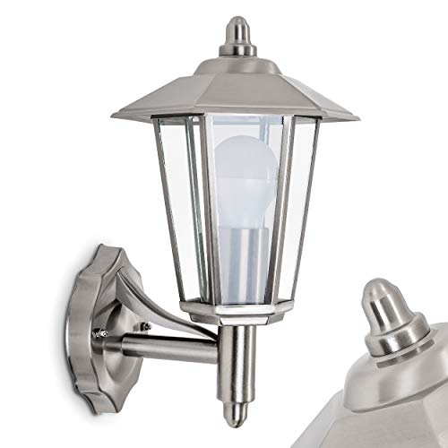 Außenwandleuchte Moskau, moderne Wandlampe aufwärts aus Metall u. Glas in Edelstahl, Wandleuchte m. E27-Fassung, Außenleuchte IP44 für Terrasse u. Hof, ohne Leuchtmittel von HOFSTEIN