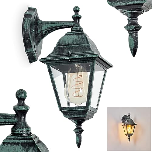 Außenwandleuchte Naofe, Wandlampe abwärts in antikem Look aus Metall/Glas in Schwarz-Grün/Klar, Wandleuchte im klassischen Landhaus-Stil, Außenleuchte für Terrasse, E27, ohne Leuchtmittel, IP44 von HOFSTEIN