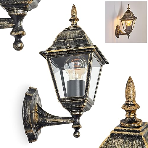 Außenwandleuchte Naofe, Wandlampe aufwärts in antikem Look aus Metall/Glas in Braun-Gold/Klar, Wandleuchte im klassischen Landhaus-Stil, Außenleuchte für Terrasse, 1 x E27, ohne Leuchtmittel, IP44 von HOFSTEIN