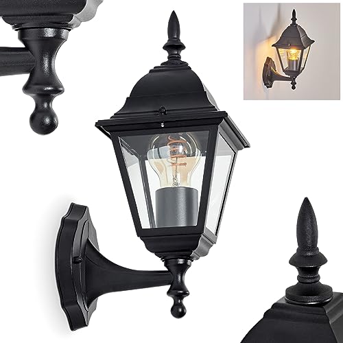 Außenwandleuchte Naofe, Wandlampe aufwärts in antikem Look aus Metall/Glas in Schwarz/Klar, Wandleuchte im klassischen Landhaus-Stil, Außenleuchte für Terrasse, 1 x E27, ohne Leuchtmittel, IP44 von HOFSTEIN