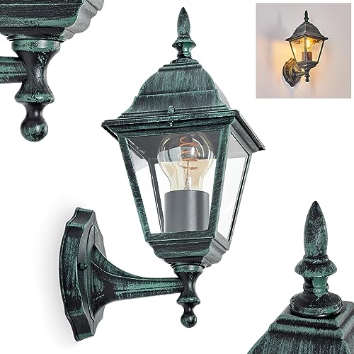 Außenwandleuchte Naofe, Wandlampe aufwärts in antikem Look aus Metall/Glas in Schwarz-Grün/Klar, Wandleuchte im klassischen Landhaus-Stil, Außenleuchte für Terrasse, 1 x E27, ohne Leuchtmittel, IP44 von HOFSTEIN