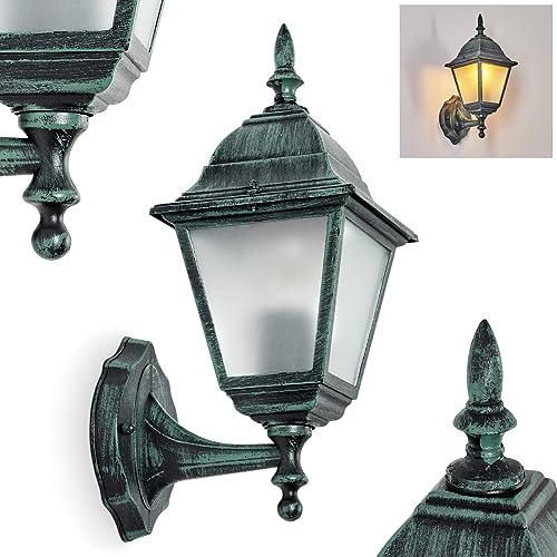 Außenwandleuchte Naofe, Wandlampe aufwärts in antikem Look aus Metall/Glas in Schwarz-Grün/Milchglas, Wandleuchte im klassischen Landhaus-Stil, Außenleuchte für Terrasse, E27, ohne Leuchtmittel, IP44 von HOFSTEIN