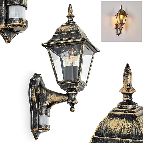 Außenwandleuchte Naofe, Wandlampe mit Bewegungsmelder in antikem Look aus Metall/Glas in Gold-Braun/Klar, Wandleuchte im Retro/Vintage Design, Außenleuchte für Terrasse, E27, ohne Leuchtmittel von HOFSTEIN