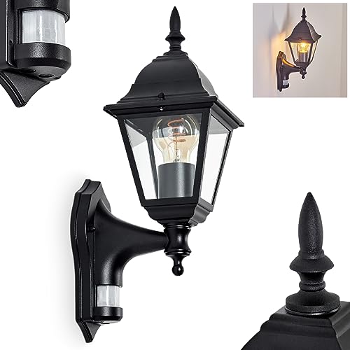 Außenwandleuchte Naofe, Wandlampe mit Bewegungsmelder in antikem Look aus Metall/Glas in Schwarz/Klar, Wandleuchte aufwärts im Retro/Vintage Design, Außenleuchte für Terrasse, E27, ohne Leuchtmittel von HOFSTEIN