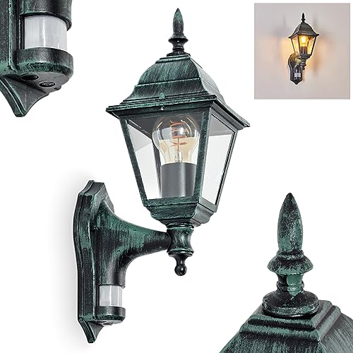 Außenwandleuchte Naofe, Wandlampe mit Bewegungsmelder in antikem Look aus Metall/Glas in Schwarz-Grün/Klar, Wandleuchte im Retro/Vintage Design, Außenleuchte für Terrasse, E27, ohne Leuchtmittel von HOFSTEIN