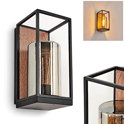 Außenwandleuchte Palanga, Außenleuchte aus Metall in Schwarz/Holzoptik/Braun u. 2 Gläsern (Rauchfarben/Klar), Wandlampe für Terrasse/Eingangsbereich, 1 x E27 max. 40 Watt, mit tollem Lichteffekt von HOFSTEIN