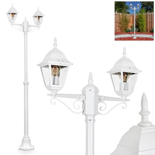 Außenwegeleuchte Hongkong, Wegeleuchte aus Metall/Glas in Weiß/Klar, Kandelaber in antikem Look, Höhe max. 220 cm, Gartenbeleuchtung IP44, 2 x E27, ohne Leuchtmittel von HOFSTEIN