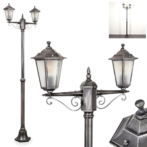 Außenwegeleuchte Loria, Wegeleuchte aus Metall/Glas in Schwarz-Silber/Weiß Kandelaber 2-flammig in antikem Look, Höhe max. 200cm, Gartenbeleuchtung IP44, 2x E27, ohne Leuchtmittel von HOFSTEIN