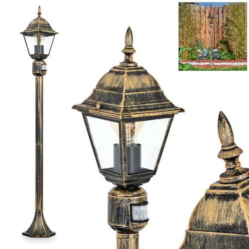 Außenwegeleuchte Naofe, Wegeleuchte mit Bewegungsmelder aus Metall/Glas in Schwarz-Goldfarben/Klar, Außenleuchte in antikem Look, 116cm, Gartenlampe, Gartenbeleuchtung IP44, 1 x E27, ohne Leuchtmittel von HOFSTEIN