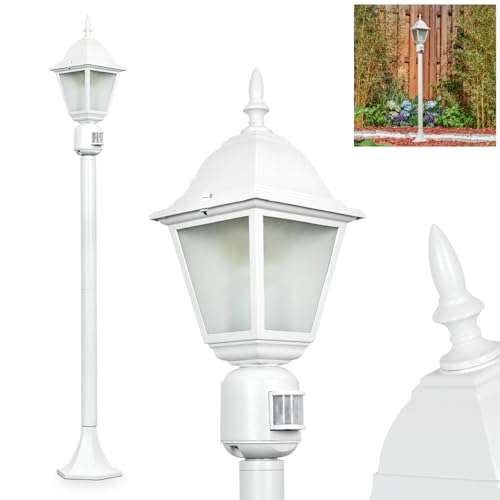 Außenwegeleuchte Naofe, Wegeleuchte mit Bewegungsmelder aus Metall/Glas in Weiß/Milchglas, Außenleuchte in antikem Look, 116 cm, Gartenlampe, Gartenbeleuchtung IP44, 1 x E27, ohne Leuchtmittel von HOFSTEIN