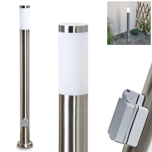 Außenwegeleuchte Sessa mit Bewegungsmelder, moderne Sockelleuchte aus Metall/Kunststoff in Nickel-Matt/Weiß, Steckdose, Wegeleuchte 110 cm, Gartenlampe, E27, Gartenbeleuchtung IP44, ohne Leuchtmittel von HOFSTEIN