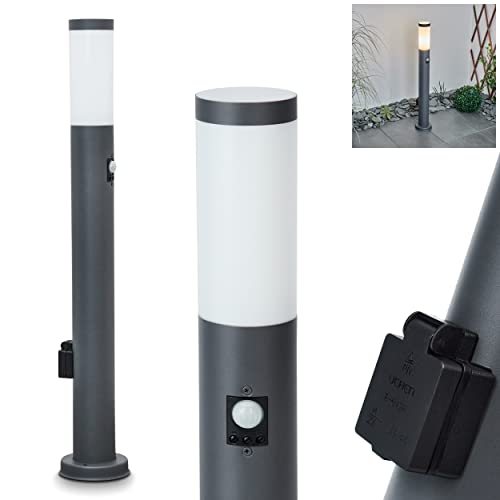 Außenwegeleuchte Sessa mit Bewegungsmelder u. Steckdose, moderne Sockelleuchte aus Metall/Kunststoff in Anthrazit/Weiß, Wegeleuchte 80 cm, Gartenlampe m. E27 max. 15 Watt, Gartenbeleuchtung IP44 von HOFSTEIN