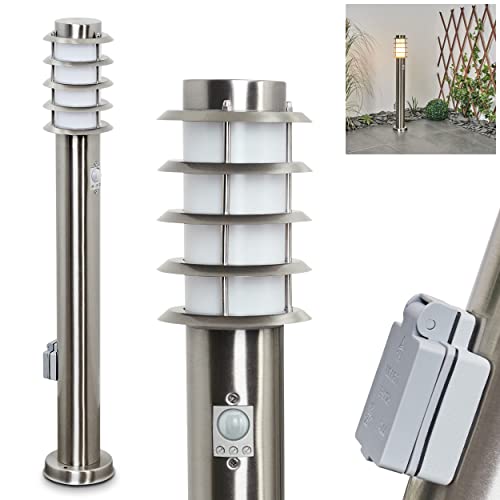Außenwegeleuchte Tunes mit Bewegungsmelder, moderne Sockelleuchte aus Metall/Kunststoff in Nickel-matt/Weiß, Wegeleuchte 80 cm, Gartenlampe m. E27, Gartenbeleuchtung IP44, ohne Leuchtmittel von HOFSTEIN
