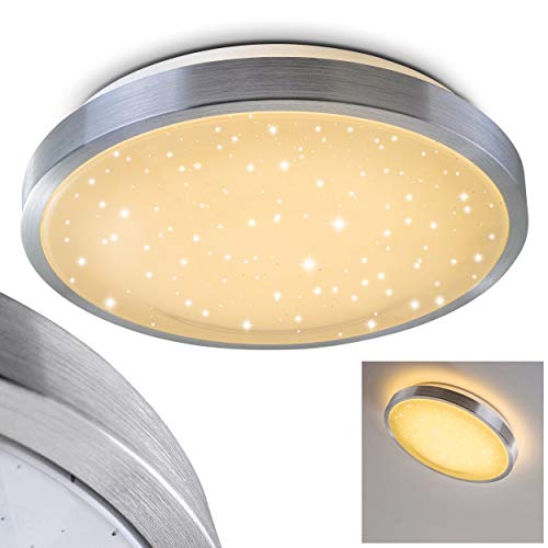 LED Deckenleuchte Sora STAR, runde Deckenlampe mit Sternenhimmel-Effekt aus Metall in Aluminium gebürstet, 12 Watt, Lichtfarbe 3000 Kelvin (warmweiß), IP 44, auch für das Badezimmer geeignet von HOFSTEIN