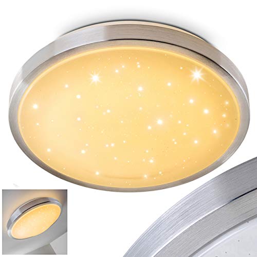 LED Deckenleuchte Sora STAR, runde Deckenlampe mit Sternenhimmel-Effekt aus Metall in Aluminium gebürstet, 18 Watt, Lichtfarbe 3000 Kelvin (warmweiß), IP 44, auch für das Badezimmer geeignet von HOFSTEIN
