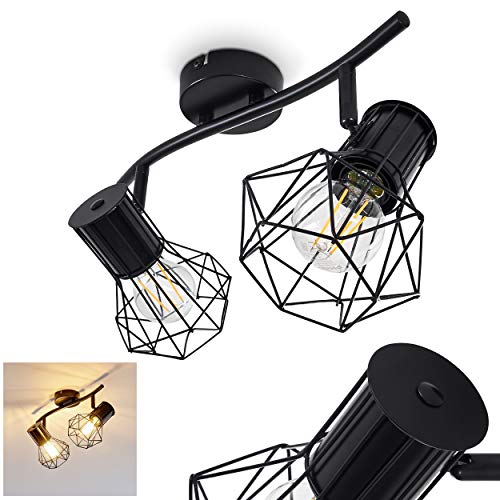 Deckenleuchte Bardhaman, Deckenlampe aus Metall in Schwarz, 2-flammig, 2 x E27-Fassung, Spot im Retro/Vintage Design in Gitter-Optik und Lichteffekt an der Decke, ohne Leuchtmittel von HOFSTEIN