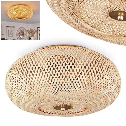 Deckenleuchte Bauro, runde Deckenlampe aus Holz/Metall in Natur/Messingfarben, Leuchte in Gitter-Optik mit tollen Lichteffekten an der Decke, Ø 38 cm, 3-flammig, 3 x E27, ohne Leuchtmittel von HOFSTEIN