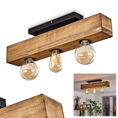 Deckenleuchte Berat, längliche Deckenlampe aus Metall/Holz in Schwarz/Dunkelbraun, moderne Leuchte mit Holzbalken, 3-flammig, 3 x E27, ohne Leuchtmittel von HOFSTEIN