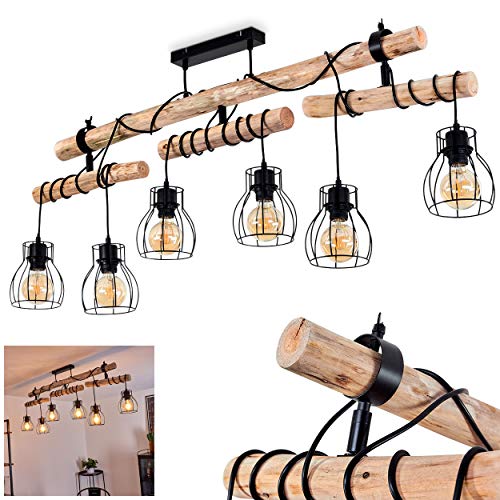 Deckenleuchte Gondo, 6-flammige Zimmerlampe aus Metall in schwarz und naturfarbenen Holz, Leuchtenköpfe sind individuell einstellbar, Deckenlampe im Retro/Boho Style, 6 x E27, ohne Leuchtmittel von HOFSTEIN