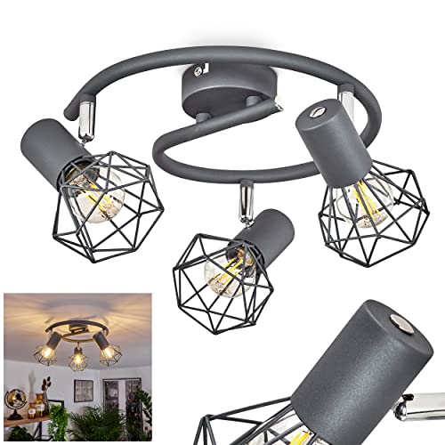 Deckenleuchte Gullspang, runde Deckenlampe im Industrial Design, Metall in Anthrazit/Chromfarben, moderne Leuchte m. Schirmen in Gitter-Optik u. Lichteffekt, 3-flammig, E14-Fassung, ohne Leuchtmittel von HOFSTEIN