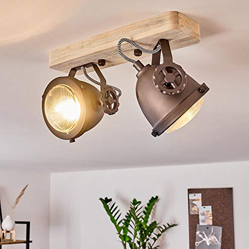 Deckenleuchte Herford, verstellbare Deckenlampe aus Metall/Holz/Glas in Schwarz-Braun/Natur, 2-flammig, 2 x GU10-Fassung, dreh- u. schwenkbarer Spot im Retro Design, ohne Leuchtmittel von HOFSTEIN