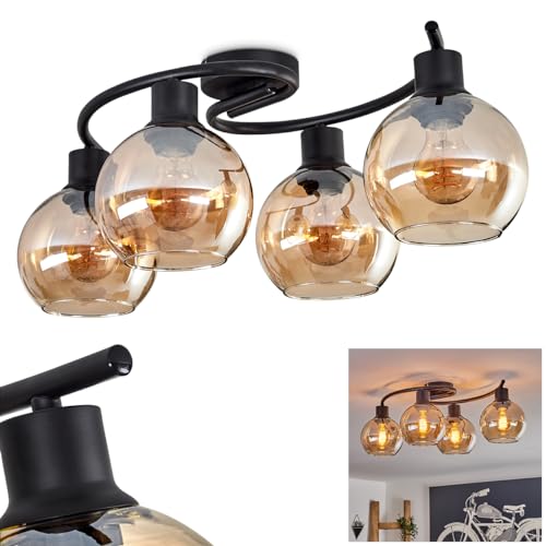 Deckenleuchte Koyoto, Deckenlampe aus Metall/Glas in Schwarz/Bernsteinfarben, Leuchte im Retro/Vintage-Design mit Schirmen aus Glas (Ø 15 cm), 4 x E27, ohne Leuchtmittel von HOFSTEIN