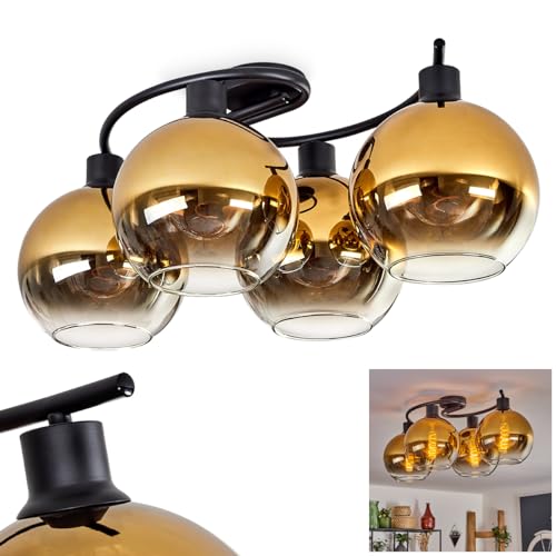 Deckenleuchte Koyoto, Deckenlampe aus Metall/Glas in Schwarz/Goldfarben/Klar, Leuchte im Retro/Vintage-Design mit Schirmen aus Glas (Ø 20 cm), 4 x E27, ohne Leuchtmittel von HOFSTEIN