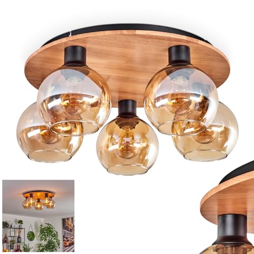 Deckenleuchte Koyoto, Deckenlampe aus Metall/Holz/Glas in Schwarz/Natur/Bernsteinfarben, Leuchte im Retro/Vintage-Design mit Schirmen aus Glas (Ø 15 cm), 5 x E27, ohne Leuchtmittel von HOFSTEIN