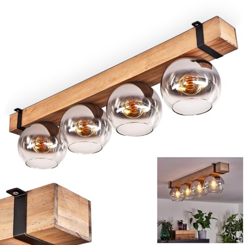 Deckenleuchte Montgomery, Deckenlampe aus Metall/Holz/Glas in Schwarz/Natur/Chromfarben/Klar, skandinavisches Design mit Holzbalken (80 cm) u. Glaskugeln (Ø 15 cm), 4 x E27-Fassung, ohne Leuchtmittel von HOFSTEIN