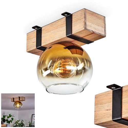 Deckenleuchte Montgomery, Deckenlampe aus Metall/Holz/Glas in Schwarz/Natur/Goldfarben/Klar, skandinavischen Design mit Holzbalken und Schirm aus Glas (Ø 15 cm), 1 x E27, ohne Leuchtmittel von HOFSTEIN