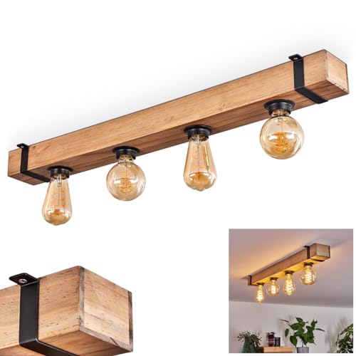 Deckenleuchte Montgomery, moderne Deckenlampe aus Metall/Holz in Schwarz/Natur, Leuchte im Industrial-Style, Retro/Vintage-Leuchte 4-flammig mit Holzbalken, 4 x E27-Fassung. ohne Leuchtmittel von HOFSTEIN