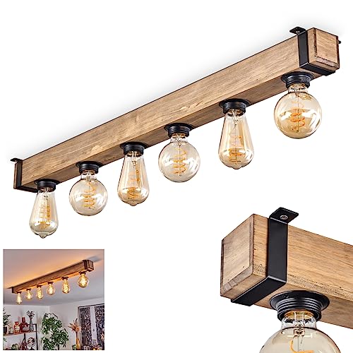 Deckenleuchte Montgomery, moderne Deckenlampe aus Metall/Holz in Schwarz/Natur, Leuchte im Industrial-Style, Retro/Vintage-Leuchte 6-flammig mit Holzbalken, 6 x E27-Fassung. ohne Leuchtmittel von HOFSTEIN