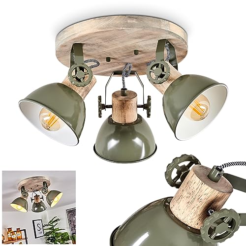 Deckenleuchte Orny, 3-flammiger Deckenstrahler aus Holz und Metall in grün, Industrial/Vintage Look Zimmerlampe, Rondell mit 3 x E27 max. 60 Watt, die Leuchtenköpfe sind verstellbar von HOFSTEIN