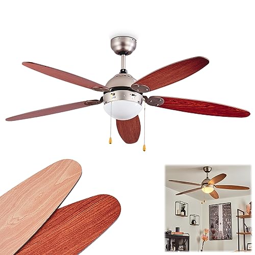 HOFSTEIN Deckenventilator Gyllan, Deckenlampe m. Ventilator, Metall/Holz in Nickel-matt/Weiß/Braun, wendbaren Rotorblättern (Ø120cm) Auf-/Abwind, 3 Geschwindigkeiten, E14, Zugschnur/Schalter von HOFSTEIN