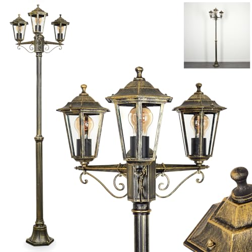 HOFSTEIN Außenwegeleuchte Loria, Wegeleuchte aus Metall/Glas in Goldfarben-Braun/Klar, Kandelaber 3-flammigin antikem Look, Höhe max. 200 cm, Gartenbeleuchtung IP44, 3 x E27, ohne Leuchtmittel von HOFSTEIN