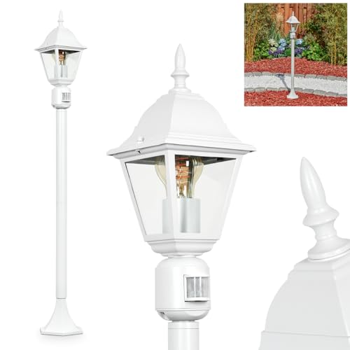 HOFSTEIN Außenwegeleuchte Naofe, Wegeleuchte mit Bewegungsmelder aus Metall/Glas in Weiß/Klar, Außenleuchte in antikem Look, 116 cm, Gartenlampe, Gartenbeleuchtung IP44, 1 x E27, ohne Leuchtmittel von HOFSTEIN