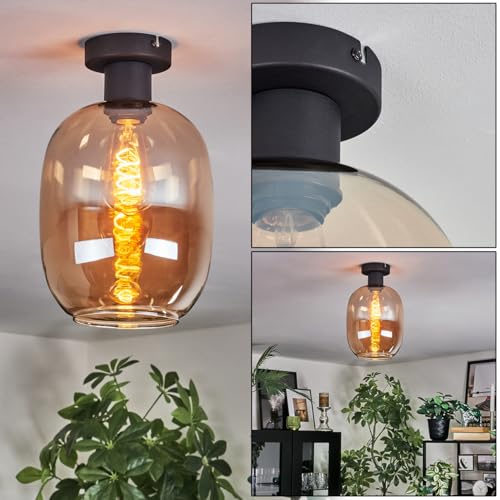 HOFSTEIN Deckenleuchte Apedo, 1-flammige Deckenlampe aus Metall/Glas in Schwarz/Bernsteinfarben, moderne Leuchte im Retro/Vintage-Design (Ø 20cm), E27, Esszimmer, Wohnzimmer, Schlafzimmer, Küche, Büro von HOFSTEIN