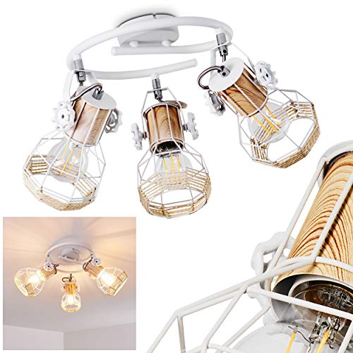 HOFSTEIN Deckenleuchte Barbacena, runde Deckenlampe aus Metall/Holz/Bast in Weiß/Braun, 3-flammig, 3 x E27-Fassung max. 40 Watt, verstellbarer Spot in Gitter-Optik mit Lichteffekt, LED geeignet von HOFSTEIN