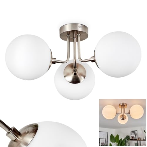 Deckenleuchte Cabalonga, moderne Deckenlampe aus Metall/Glas in Nickel-matt/Milchglas, Leuchte im modernen Design mit Schirmen aus Glas (Ø 15 cm), 3-flammig, 3 x E14, ohne Leuchtmittel von HOFSTEIN
