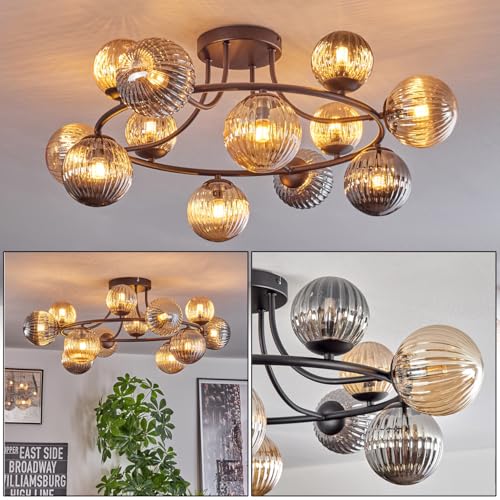 HOFSTEIN Deckenleuchte Chehalis, 12-flammige Deckenlampe aus Metall/Glas in Schwarz/Rauch/Bernstein, Leuchte im Retro/Vintage-Design (Schirme Ø 10,12 cm), G9, Esszimmer, Wohnzimmer, Küche, Flur, Büro von HOFSTEIN