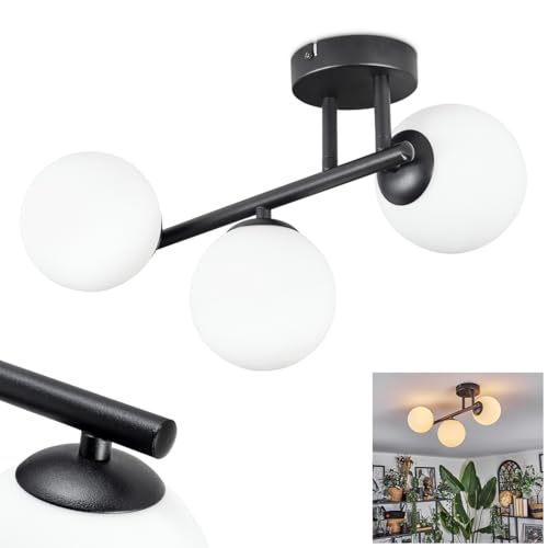 HOFSTEIN Deckenleuchte Chehalis, 3-flammige Deckenlampe aus Metall/Glas in Schwarz/Milchglas/Weiß, Leuchte im Retro/Vintage-Design (Schirme Ø 12 cm), G9, Esszimmer, Wohnzimmer, Schlafzimmer, Küche von HOFSTEIN
