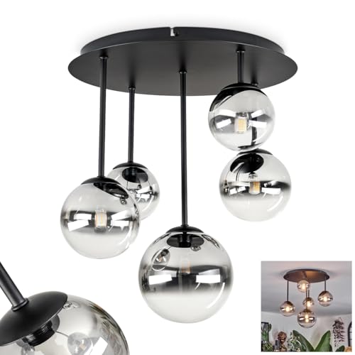 HOFSTEIN Deckenleuchte Chehalis, 5-flammige Deckenlampe aus Metall/Glas in Schwarz/Rauch/Klar, Leuchte im Retro/Vintage-Design (Schirme Ø 10;12;15 cm), G9, Esszimmer, Wohnzimmer, Schlafzimmer, Küche von HOFSTEIN