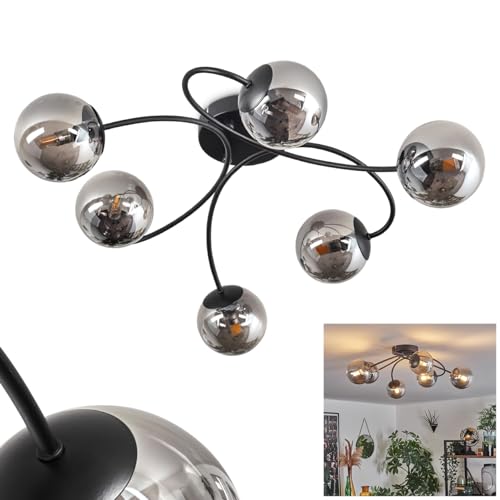 HOFSTEIN Deckenleuchte Chehalis, Deckenlampe aus Metall/Glas in Schwarz/Rauchfarben, Leuchte im Retro/Vintage-Design mit Schirmen aus Glas (Ø 10 cm), 6 x G9 LED von HOFSTEIN