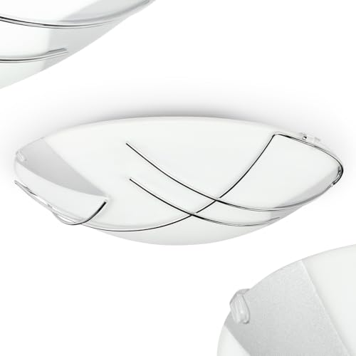 HOFSTEIN Deckenleuchte Davin, 1-flammige Deckenlampe aus Metall/Glas in Weiß/Silberfarben, Leuchte im modernen Design mit Glasschirm (Ø 31 cm), E27, Esszimmer, Wohnzimmer, Küche, Schlafzimmer von HOFSTEIN