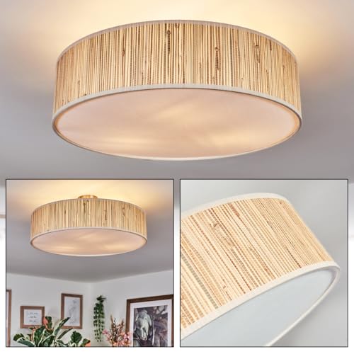 HOFSTEIN Deckenleuchte Foggia, Deckenlampe aus Metall/Papiergeflecht/Stoff/Kunststoff in Nickel-matt/Naturfarben/Weiß, runde Boho Leuchte (Ø 50 cm), E27, Esszimmer, Wohnzimmer, Schlafzimmer, Küche von HOFSTEIN