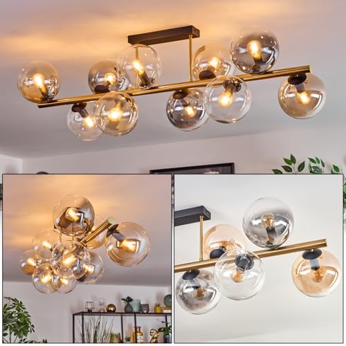 HOFSTEIN Deckenleuchte Gastor, 10-flammige Deckenlampe aus Metall/Glas in Schwarz/Gold/Bernstein/Rauch/Klar, Leuchte im Retro/Vintage-Design (Schirme Ø 15 cm), E14, Esszimmer, Wohnzimmer, Schlafzimmer von HOFSTEIN