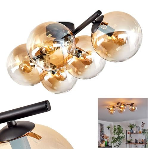 HOFSTEIN Deckenleuchte Gastor, 5-flammige Deckenlampe aus Metall/Glas in Schwarz/Bernsteinfarben/Klar, moderne Leuchte im Retro/Vintage-Design (Schirme Ø 15cm), E14, Esszimmer, Wohnzimmer, Küche, Flur von HOFSTEIN